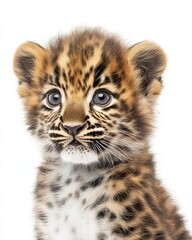 Obraz premium Mystic portrait of baby Amur Leopard, copy space on right side, Headshot, Close-up View, isolated on white background