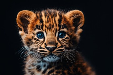 Fototapeta premium Mystic portrait of baby Amur Leopard in studio, copy space on right side, Headshot, Close-up View, isolated on black background