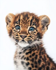 Fototapeta premium Mystic portrait of baby Arabian Leopard, copy space on right side, Headshot, Close-up View, isolated on white background