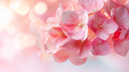 Blurred hydrangea bloom, subtle gradient colors blending into the background, abstract yet natural floral essence with soft glow