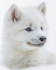 Obraz premium Mystic portrait of baby Arctic Wolf, copy space on right side, Headshot, Close-up View, isolated on white background