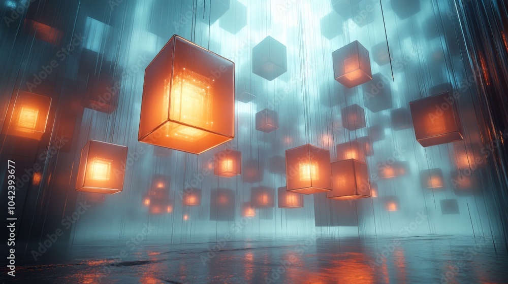 Poster The scene features numerous illuminated floating cubes suspended in a foggy environment, emitting a warm glow that enhances the mystical ambiance. The light reflects off the wet surface below.