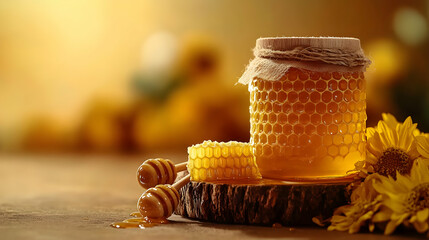 Honeycomb Jar with Dipper and Flowers on Wooden Table