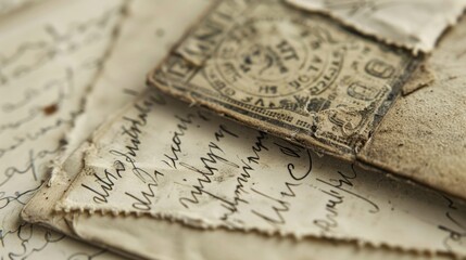 Fototapeta premium A monochromatic design with a vintage postage stamp image and vintage handwriting overlay resembling a lost letter and adding a touch of mystery to this book cover.