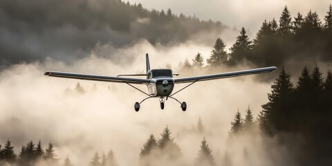 Fototapeta premium Small Airplane Flying Through Misty Mountains.