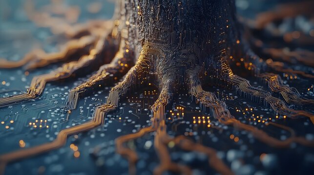 Close-up double exposure of a tree's trunk growing from a circuit board, roots evolving into wire connections, symbolizing digital growth in nature