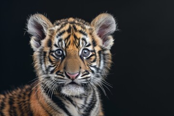Obraz premium Mystic portrait of baby Bengal Tiger in studio, copy space on right side, Anger, Menacing, Headshot, Close-up View, isolated on black background