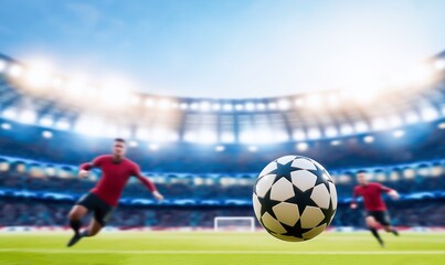 Obraz premium Dynamic shot of a soccer player kicking a ball in a stadium, capturing the intensity and excitement of the game under bright stadium lights.