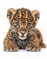 Obraz premium Mystic portrait of baby East African Jaguar, copy space on right side, Headshot, Close-up View, isolated on white background