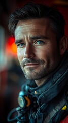 Fototapeta premium Person with a confident expression is wearing a dark jacket, possibly in a firefighter’s gear, in soft lighting