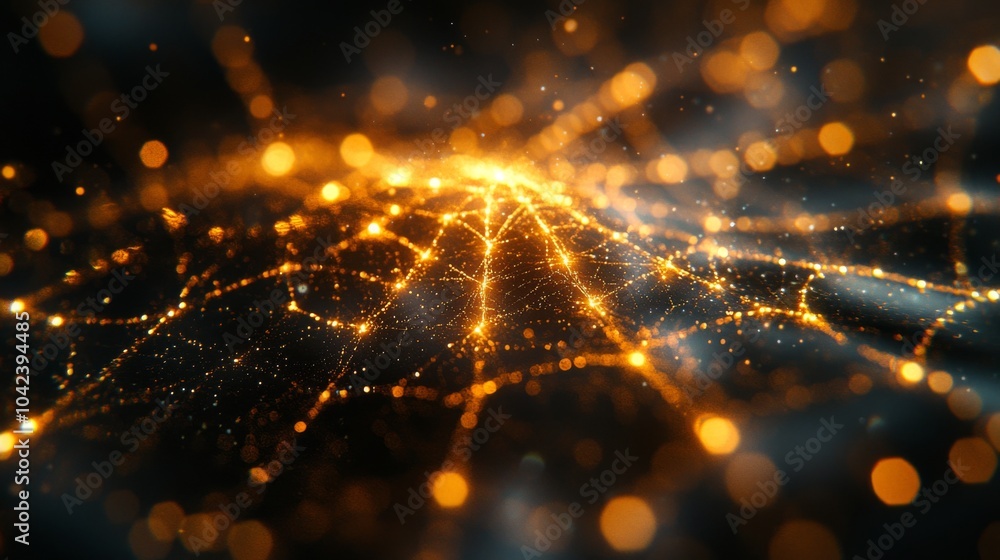 Poster A web of luminous golden lights stretches across a dark backdrop, resembling an interconnected network bursting with energy and movement. This captivating display evokes a sense of depth and wonder.