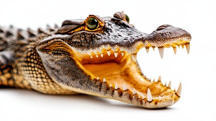 Obraz premium Close-up of a crocodile with its mouth open wide, sharp teeth visible, isolated on a clean white background. wildlife crocodile, focus on detail