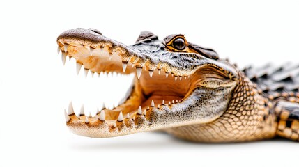 Obraz premium Close-up of a crocodile with its mouth open wide, sharp teeth visible, isolated on a clean white background. wildlife crocodile, focus on detail