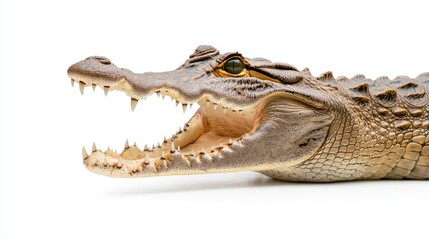 Obraz premium Close-up of a crocodile's open mouth, highlighting the ferocity in its eyes and rough skin, perfectly isolated on a white background, natural colors
