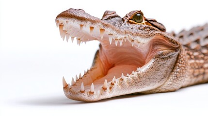 Obraz premium Close-up of a crocodile's open mouth, highlighting the ferocity in its eyes and rough skin, perfectly isolated on a white background, natural colors