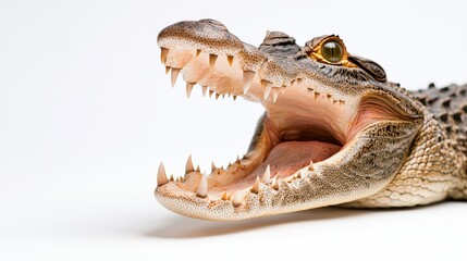 Obraz premium Close-up of a crocodile's open mouth, highlighting the ferocity in its eyes and rough skin, perfectly isolated on a white background, natural colors