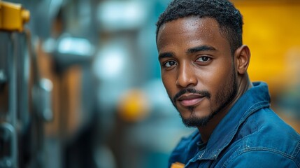 Fototapeta premium Person in a blue jacket is standing in a blurred industrial setting, looking directly at the camera with confidence