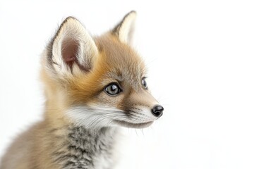 Mystic portrait of baby Gray Fox in studio, copy space on right side, Headshot, Close-up View, isolated on white background