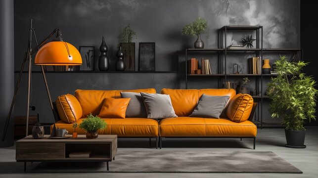 A sophisticated loft-style living room featuring a gray leather sofa with vibrant orange cushions, beautifully lit by a contemporary floor lamp.