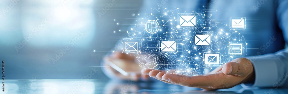 Poster hands holding digital icons representing email communication, symbolizing modern business connectivi