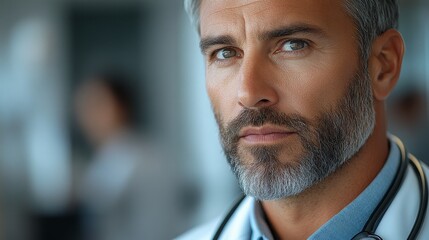 Obraz premium Serious-looking man with gray hair and a beard, wearing a stethoscope, suggesting a medical professional