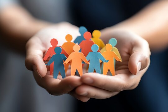 Hands holding colorful paper cutout people, symbolizing unity, teamwork, and community in a diverse and inclusive environment.