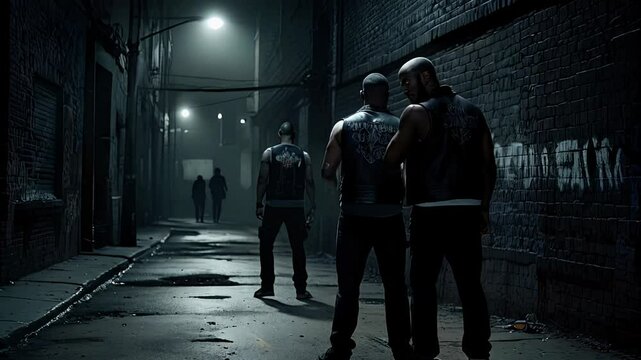 Three tough gangsters walking confidently through dark city alleys at night, evoking a gritty film noir atmosphere with shadows and danger