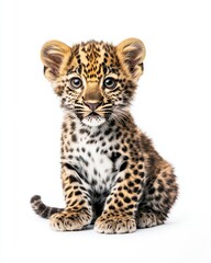 Obraz premium Mystic portrait of baby Indian Leopard, copy space on right side, Headshot, Close-up View, isolated on white background