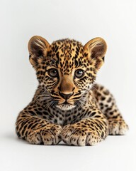 Obraz premium Mystic portrait of baby Indian Leopard, copy space on right side, Headshot, Close-up View, isolated on white background