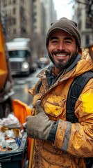 Fototapeta premium Smiling worker in a yellow coat and gloves stands on a city street, giving a thumbs-up in the snow