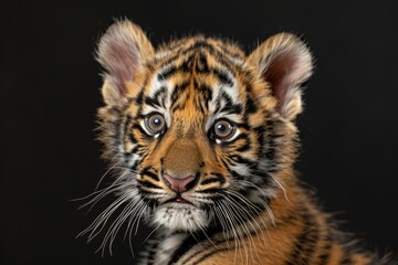 Obraz premium Mystic portrait of baby Indochinese Tiger in studio, copy space on right side, Headshot, Close-up View, isolated on black background