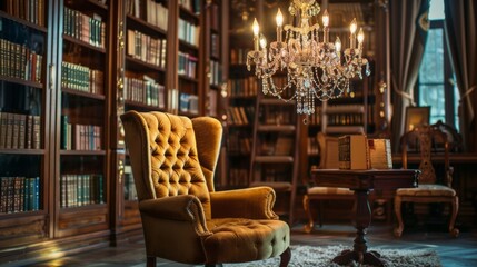 A vintage reading space with an antique chandelier casting a warm amber glow over a plush velvet armchair and ornate bookshelves filled to the brim with literary treasures.