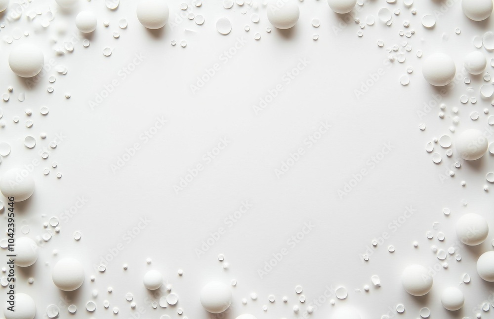 Aufkleber White empty space background with white spheres on the edges of the frame. White balls and drops on a light gray surface. Abstract minimalistic concept of cosmetic product advertising.