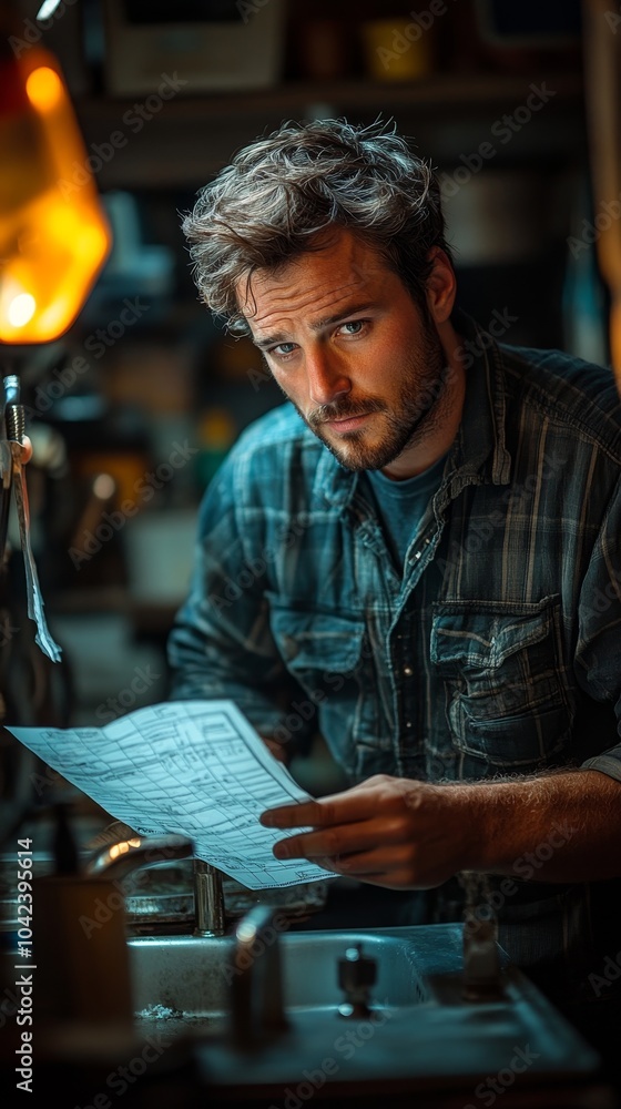 Aufkleber man with a thoughtful expression is examining a blueprint in a dimly lit, cluttered workshop setting