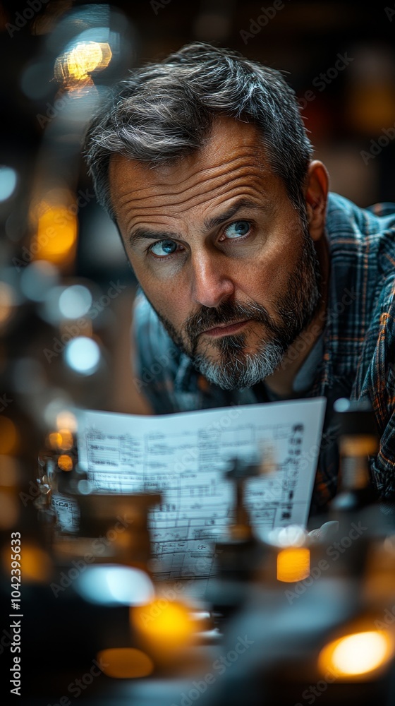 Poster Man with a beard is thoughtfully examining a document amidst various blurred objects, in a dimly lit setting