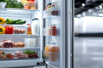 Open refrigerator filled with fresh vegetables, milk, and juice in a modern kitchen setting. Perfect for healthy lifestyle concepts.