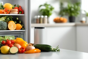 Open refrigerator filled with fresh vegetables and fruits in a modern kitchen, promoting healthy eating and lifestyle choices.