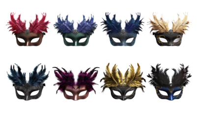 masquerade feather eye party masks in different colors on a transparent background 