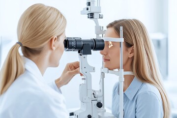 Optometrist conducts eye examination on a patient using slit lamp in a modern clinic. Professional healthcare and vision care service.