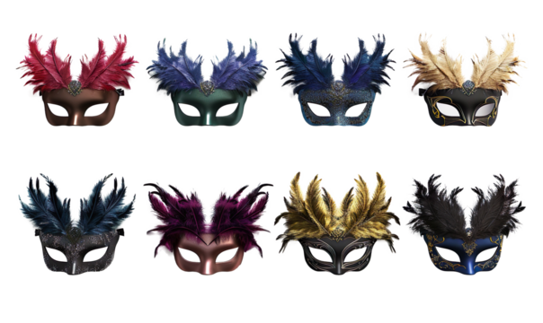 masquerade feather eye party masks in different colors on a transparent background 