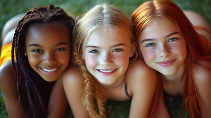 Fototapeta premium Three smiling girls lying on grass, enjoying a sunny day together.