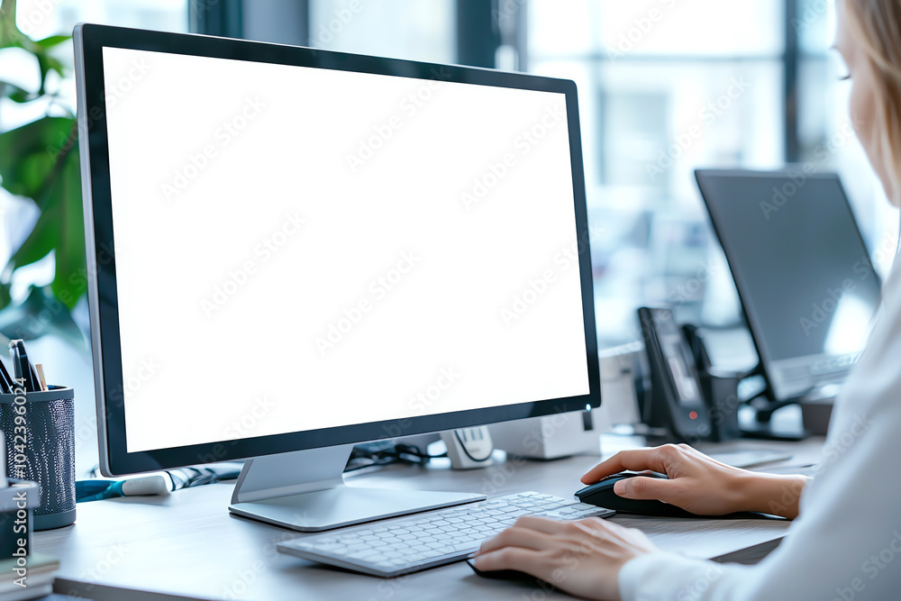 Poster person working at a modern office desk with a blank computer screen, engaged in digital tasks and pr