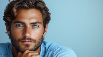 Obraz premium Man with blue eyes and a beard, wearing a blue shirt, gazing directly at the camera