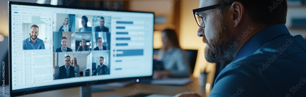 Poster professional man participates in a virtual meeting, focusing on computer screen with multiple collea