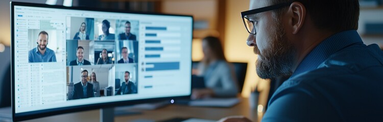 Professional man participates in a virtual meeting, focusing on computer screen with multiple colleagues in a modern office environment.