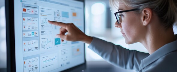 Professional woman analyzing data on a computer screen, focusing on analytics for business strategy and digital marketing solutions.