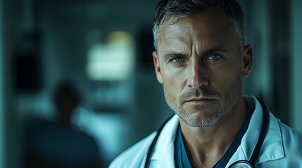 Obraz premium Serious-looking man wearing a stethoscope, standing in a dimly lit room with blurred background
