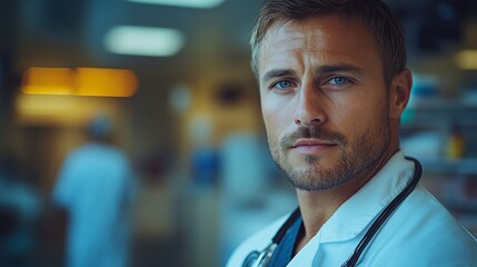 Fototapeta premium Man with a stethoscope in a white coat, standing in a medical setting indoors