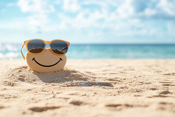 Obraz premium Smiley face ball with sunglasses on a sandy beach under a clear blue sky, capturing a cheerful summer vibe ideal for fun and relaxation concepts.
