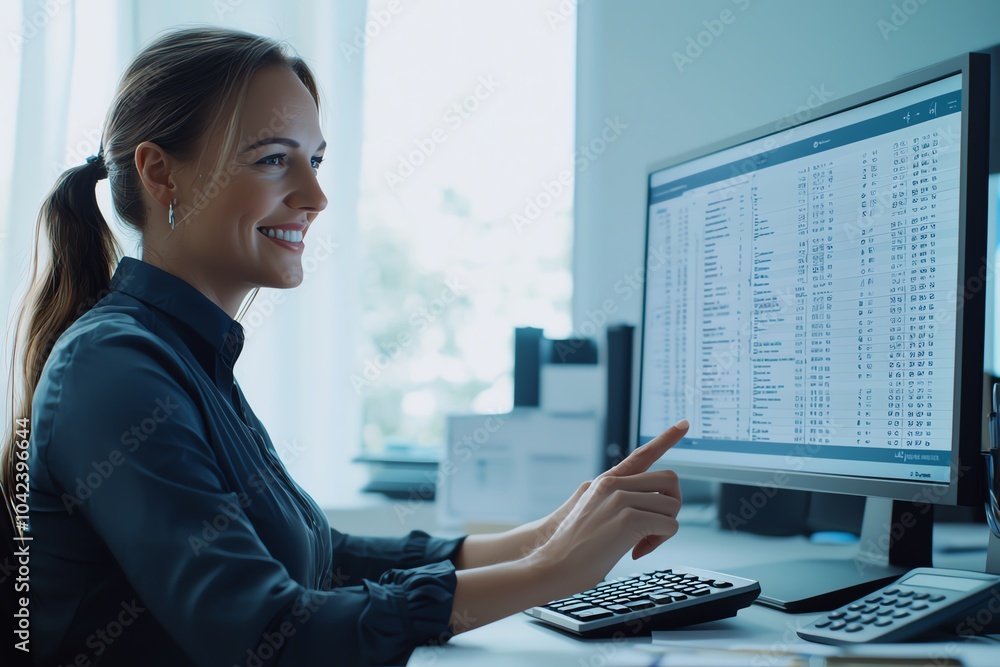 Aufkleber smiling professional working on a computer in a modern office environment, analyzing data on a large